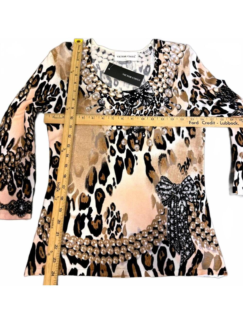 VICTOR COSTA M SPRING SWEATER 3/4 SLEEVE SCOOP NECK LEOPARD PEARL &BOW PRINT NWT - Picture 6 of 8